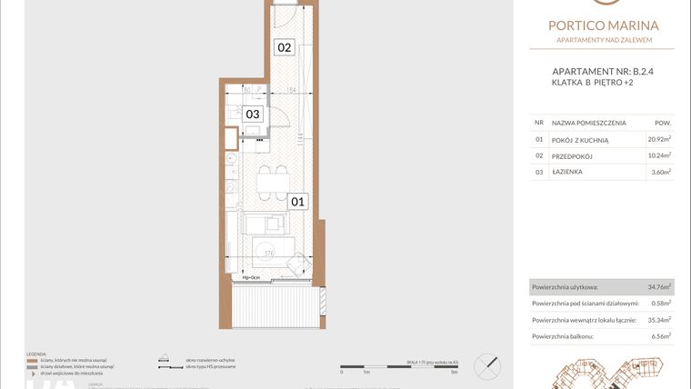 Rzut - Mieszkanie na sprzedaż 1 pokój o powierzchni 34,76 m² - numer B.2.4 w Portico Marina