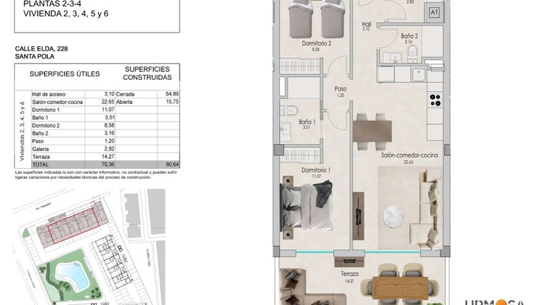 Rzut - Mieszkanie na sprzedaż 2 pokoje o powierzchni 70,36 m² - numer 1.2.2 w Sunset Beach - Santa Pola