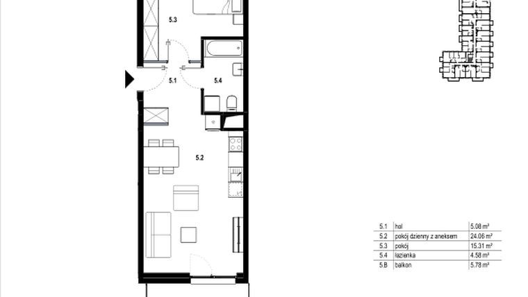 Rzut - Mieszkanie na sprzedaż 2 pokoje o powierzchni 49,03 m² - numer C3.5 w Osiedle Mozaika