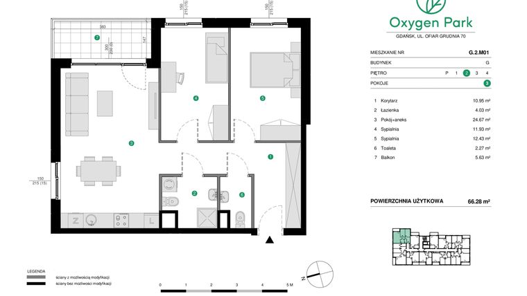 Rzut - Mieszkanie na sprzedaż 3 pokoje o powierzchni 66,28 m² - numer G.2.M01 w Oxygen Park etap III