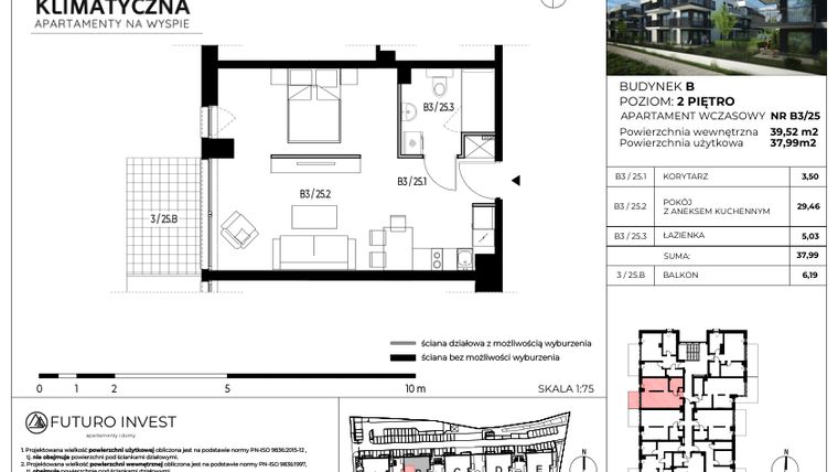 Rzut - Mieszkanie na sprzedaż 2 pokoje o powierzchni 38,55 m² - numer B3/25 w Apartamenty Klimatyczna