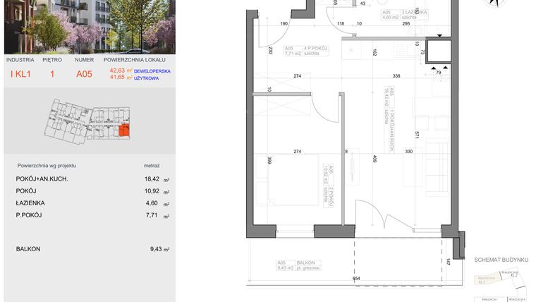 Rzut - Mieszkanie na sprzedaż 2 pokoje o powierzchni 41,65 m² - numer I-A5 w Industria etap I-A