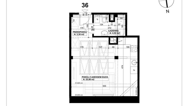Rzut - Mieszkanie na sprzedaż 1 pokój o powierzchni 33,88 m² - numer 36 w Święty Marcin 65