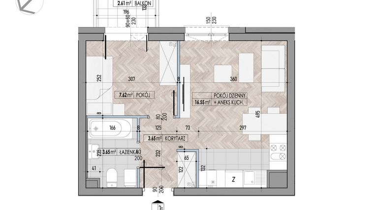 Rzut - Mieszkanie na sprzedaż 2 pokoje o powierzchni 31,47 m² - numer 25 w Kamienica przy Ciepłej