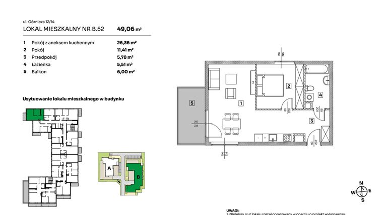 Rzut - Mieszkanie na sprzedaż 2 pokoje o powierzchni 49,06 m² - numer B.52 w Parkove Love