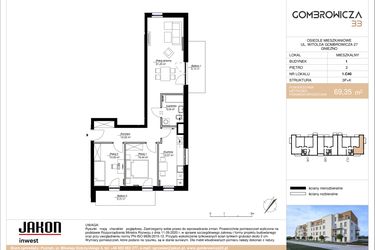 Rzut - Mieszkanie na sprzedaż 3 pokoje o powierzchni 69,35 m² - numer 1.C40 w Gombrowicza 33