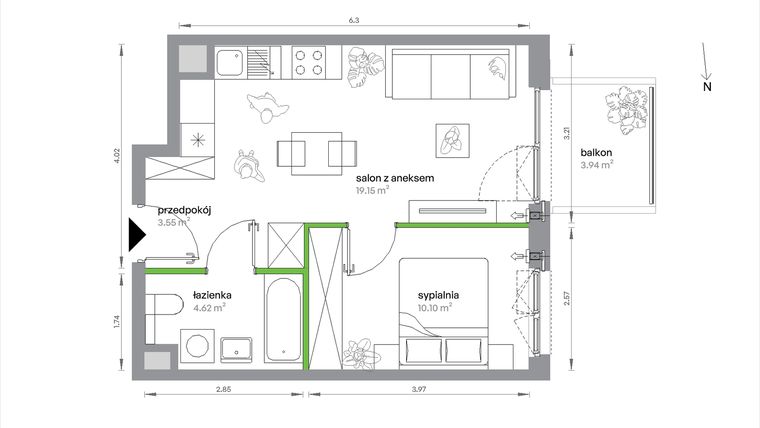Rzut - Mieszkanie na sprzedaż 2 pokoje o powierzchni 37,42 m² - numer 1/A/3/10 w Sochaczewska Vita