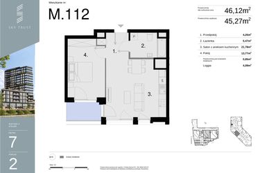 Rzut - Mieszkanie na sprzedaż 2 pokoje o powierzchni 46,12 m² - numer M112 w Sky Trust etap II