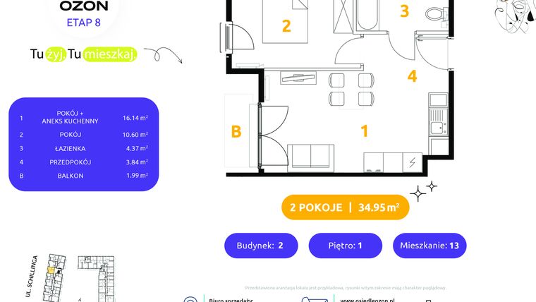 Rzut - Mieszkanie na sprzedaż 2 pokoje o powierzchni 34,95 m² - numer 2.13 w Osiedle Ozon etap VIII
