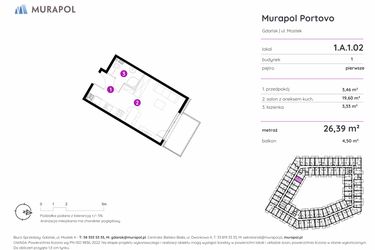 Rzut - Mieszkanie na sprzedaż 1 pokój o powierzchni 26,39 m² - numer 1.A.1.02 w Murapol Portovo etap II