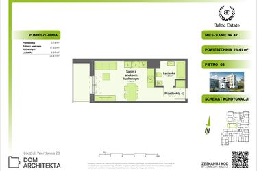 Rzut - Mieszkanie na sprzedaż 1 pokój o powierzchni 26,38 m² - numer 03.M.47 w Dom Architekta
