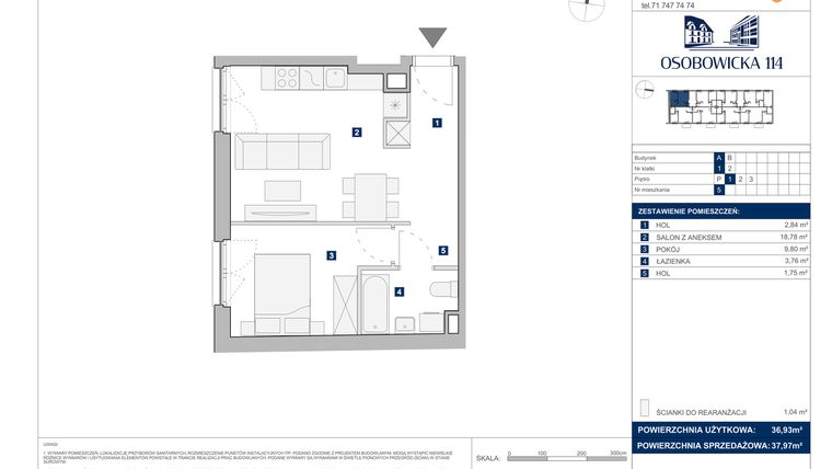 Rzut - Mieszkanie na sprzedaż 2 pokoje o powierzchni 37,97 m² - numer A.5 w Osobowicka 114