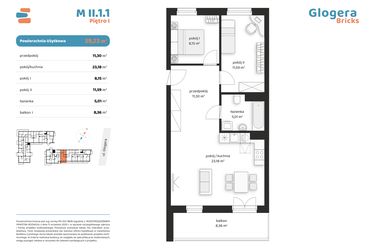 Rzut - Mieszkanie na sprzedaż 3 pokoje o powierzchni 59,23 m² - numer M II.1.1 w Glogera Bricks