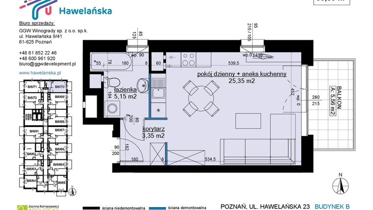 Rzut - Mieszkanie na sprzedaż 1 pokój o powierzchni 33,85 m² - numer B/6/70 w Osiedle Hawelańska etap III - bud. B