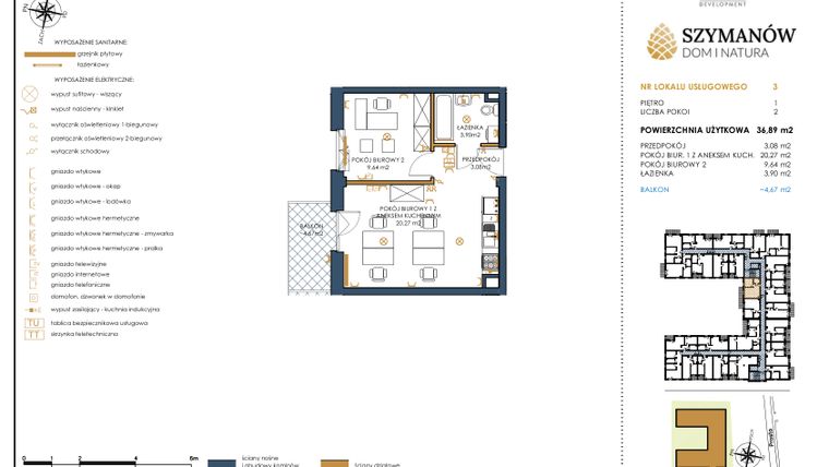 Rzut - Lokal użytkowy na sprzedaż 2 pokoje o powierzchni 36,89 m² - numer U3 w Szymanów Dom i Natura