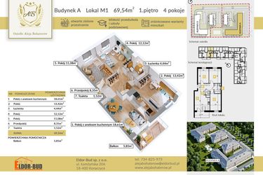 Rzut - Mieszkanie na sprzedaż 4 pokoje o powierzchni 69,54 m² - numer A.1 w Aleja Bohaterów