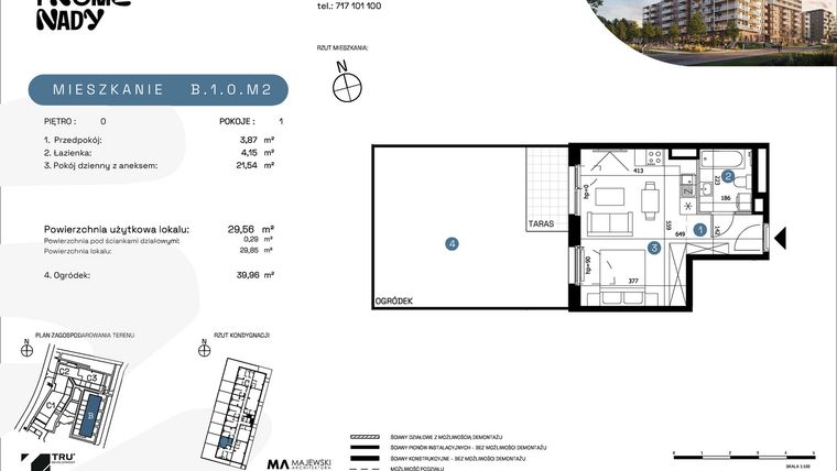 Rzut - Mieszkanie na sprzedaż 1 pokój o powierzchni 29,56 m² - numer B.1.0.M2 w Nowe Promenady etap II