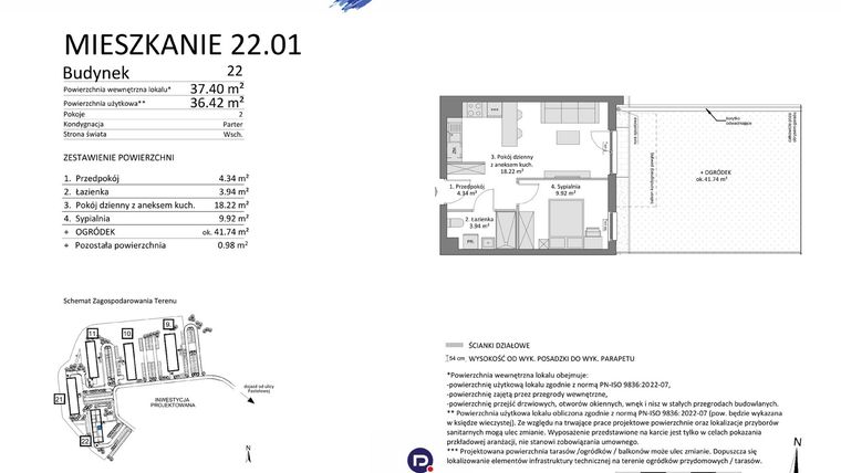 Rzut - Mieszkanie na sprzedaż 2 pokoje o powierzchni 36,42 m² - numer 22.01 w Osiedle Pastelowe etap IV