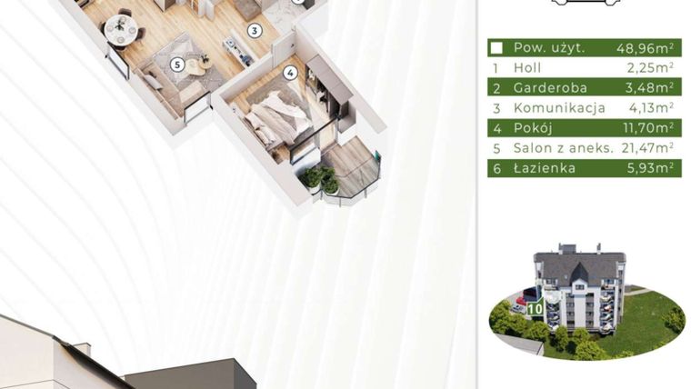 Rzut - Mieszkanie na sprzedaż 2 pokoje o powierzchni 48,96 m² - numer 21.M10 w Osiedle Leśny Zakątek