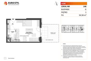 Rzut - Mieszkanie na sprzedaż 1 pokój o powierzchni 34,58 m² - numer G.146 w DOKI Living etap II