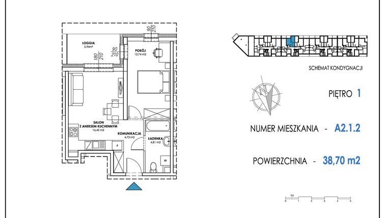 Rzut - Mieszkanie na sprzedaż 2 pokoje o powierzchni 38,7 m² - numer A2.1.2 w Apartamenty Nowe Miasto