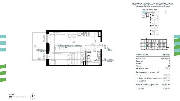 Rzut - Mieszkanie na sprzedaż 1 pokój o powierzchni 28,85 m² - numer BB0163 w Orneko