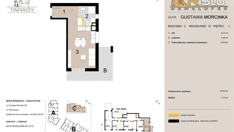 Rzut - Mieszkanie na sprzedaż 1 pokój o powierzchni 29,52 m² - numer C7 w Krzesławickie Tarasy