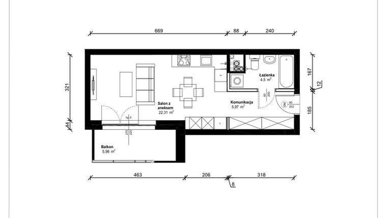 Rzut - Mieszkanie na sprzedaż 1 pokój o powierzchni 32,78 m² - numer B.1.22.1a w ATRIUM