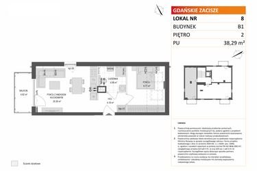 Rzut - Mieszkanie na sprzedaż 2 pokoje o powierzchni 38,29 m² - numer B1.8 w Gdańskie Zacisze