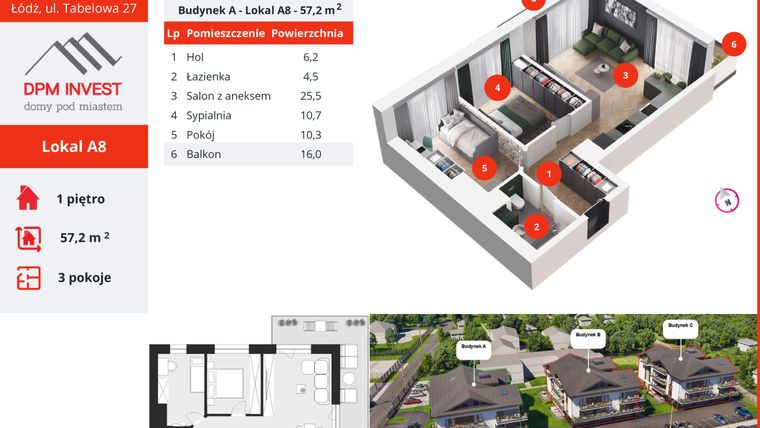 Rzut - Mieszkanie na sprzedaż 3 pokoje o powierzchni 57,2 m² - numer A8 w Apartamenty Tabelowa