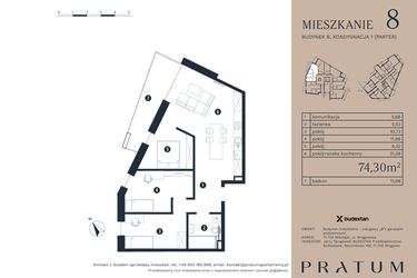 Rzut - Mieszkanie na sprzedaż 4 pokoje o powierzchni 72,75 m² - numer M8 w Pratum Apartamenty Etap I