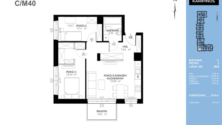 Rzut - Mieszkanie na sprzedaż 3 pokoje o powierzchni 53,98 m² - numer C_M40 w Triton Kampinos Klatka B i C