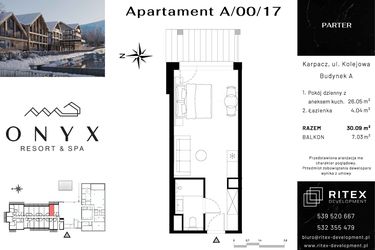 Rzut - Mieszkanie na sprzedaż 1 pokój o powierzchni 30,09 m² - numer 00.A17 w Onyx Resort & Spa