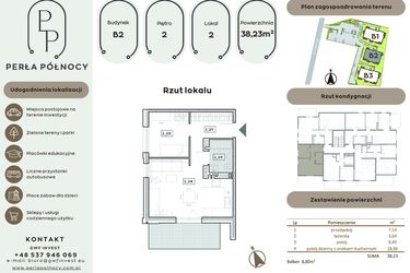 Rzut - Mieszkanie na sprzedaż 2 pokoje o powierzchni 38,23 m² - numer B2.2_2 w Perła Północy etap 2