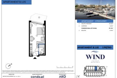 Rzut - Mieszkanie na sprzedaż 1 pokój o powierzchni 29,15 m² - numer B.1.05 w Radisson Marina