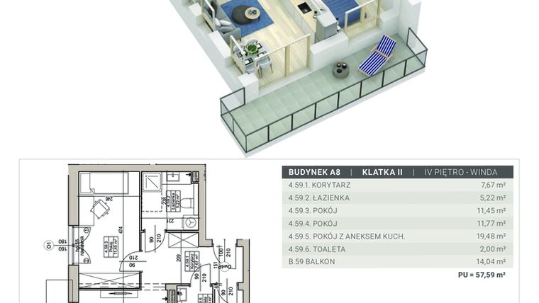 Rzut - Mieszkanie na sprzedaż 3 pokoje o powierzchni 57,59 m² - numer A.8.M59 w Sobola Biel A8