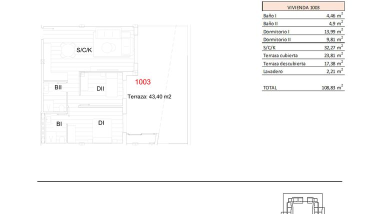 Rzut - Mieszkanie na sprzedaż 2 pokoje o powierzchni 108,83 m² - numer 1003 w Apartamenty w San Miguel de Salinas - 97009342