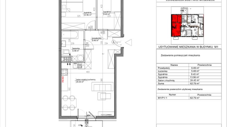 Rzut - Mieszkanie na sprzedaż 3 pokoje o powierzchni 62,78 m² - numer M1/P1/1 w Nowa Klecina