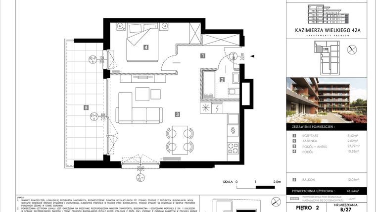 Rzut - Mieszkanie na sprzedaż 2 pokoje o powierzchni 46,54 m² - numer B27 w Kazimierza Wielkiego 42A etap II