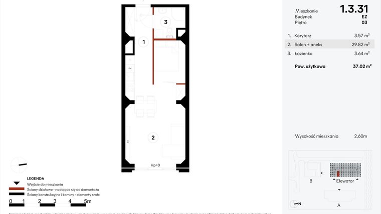 Rzut - Mieszkanie na sprzedaż 1 pokój o powierzchni 37,02 m² - numer EZ.1.3.31 w Elewator - Mieszkania i Lofty