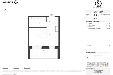 Rzut - Mieszkanie na sprzedaż 1 pokój o powierzchni 27,88 m² - numer A/4/5.2 w Smardzewska 8