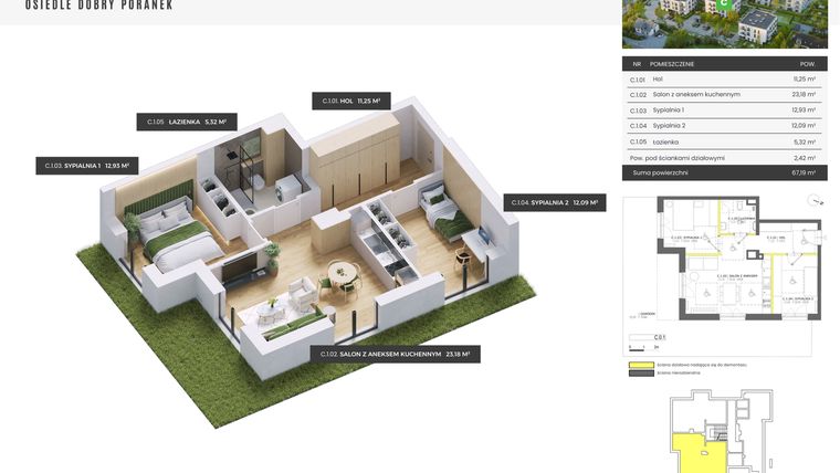 Rzut - Mieszkanie na sprzedaż 3 pokoje o powierzchni 67,19 m² - numer C.0.1 w Dobry Poranek