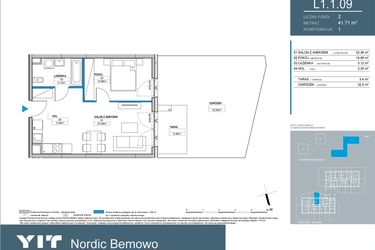 Rzut - Mieszkanie na sprzedaż 2 pokoje o powierzchni 41,7 m² - numer L1.1.09 w Nordic Bemowo - etap III