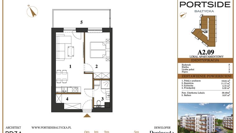 Rzut - Mieszkanie na sprzedaż 2 pokoje o powierzchni 39,48 m² - numer A2.09 w Portside Bałtycka