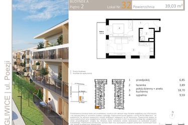 Rzut - Mieszkanie na sprzedaż 2 pokoje o powierzchni 39,15 m² - numer A.32 w Poezji