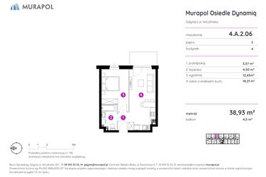 Rzut - Mieszkanie na sprzedaż 2 pokoje o powierzchni 38,93 m² - numer 4.A.2.06 w Murapol Osiedle Dynamiq