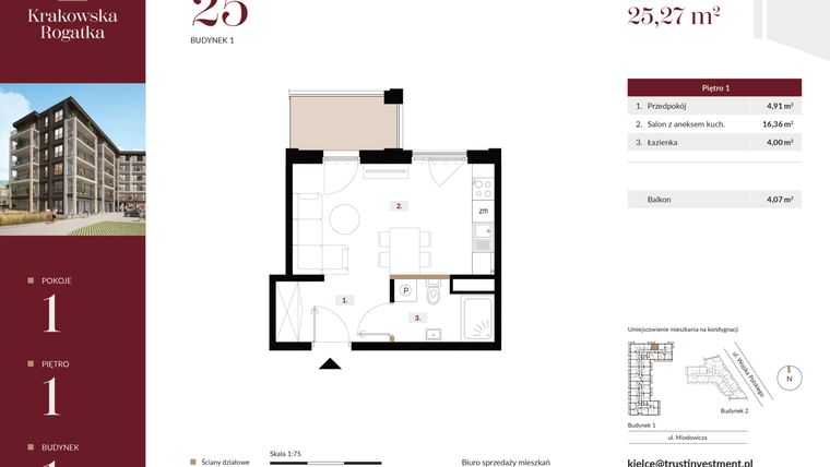 Rzut - Mieszkanie na sprzedaż 1 pokój o powierzchni 25,27 m² - numer 1.M25 w Krakowska Rogatka