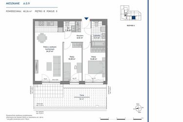 Rzut - Mieszkanie na sprzedaż 3 pokoje o powierzchni 60,26 m² - numer A.0.9 w Linea bud. A