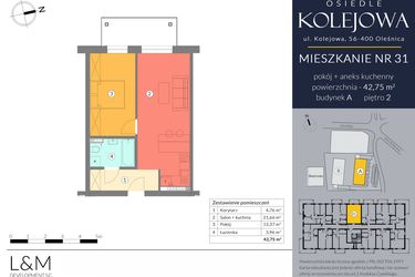 Rzut - Mieszkanie na sprzedaż 2 pokoje o powierzchni 42,75 m² - numer A.31 w Osiedle Kolejowa