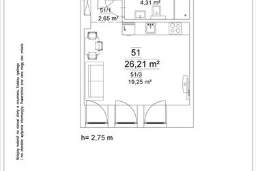 Rzut - Mieszkanie na sprzedaż 1 pokój o powierzchni 26,21 m² - numer 51 w Osiedle Teatralne 19 - apartamenty inwestycyjne